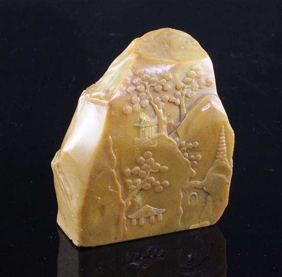 A Chinese Shoushan stone landscape seal, 8.3 x 7.3 x 2.9cm